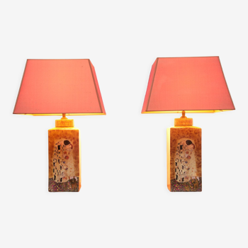 Set of two handmade ceramic gustav klimt table lamps, 80s