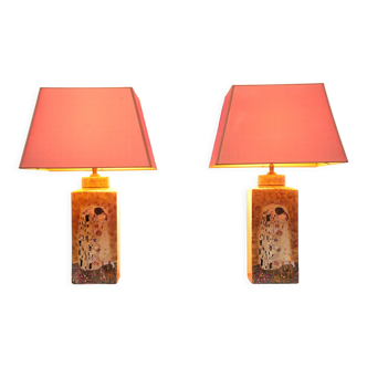 Set of two handmade ceramic gustav klimt table lamps, 80s