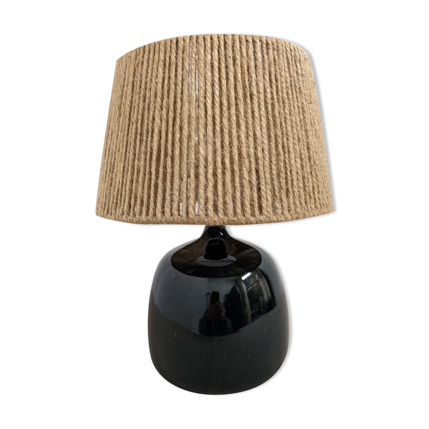 Vintage lamp in enamelled stoneware and jute rope