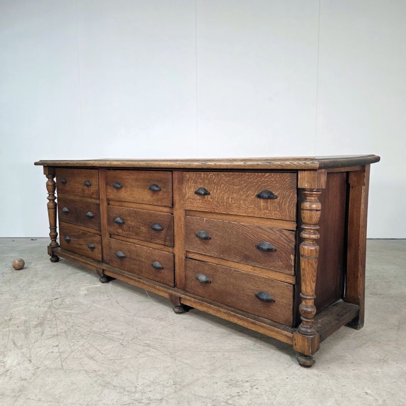 Large oak drawer unit from a haberdashery around 1900.