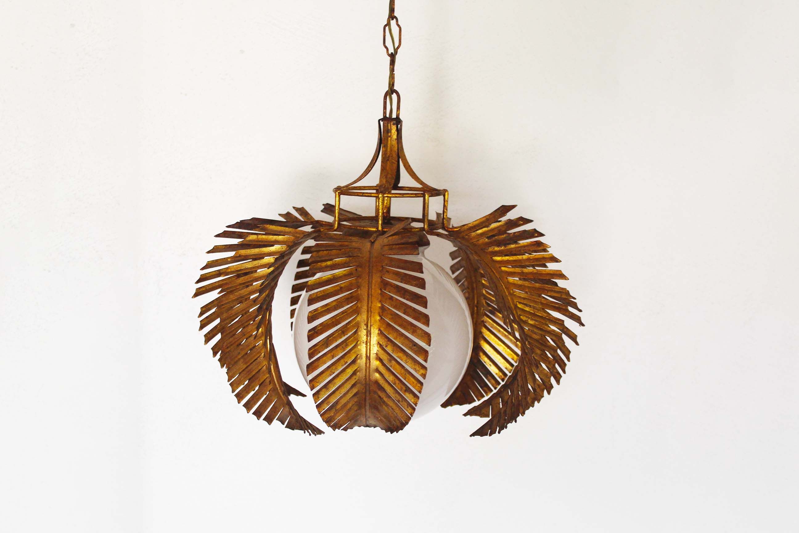 Gilt palm leaf and opaline glass pendant light by Hans Kögl