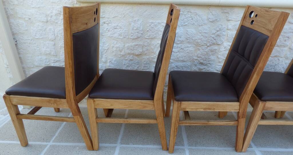 6 High-back chairs in high-quality, plush solid wood with brown faux leather