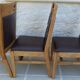 6 High-back chairs in high-quality, plush solid wood with brown faux leather