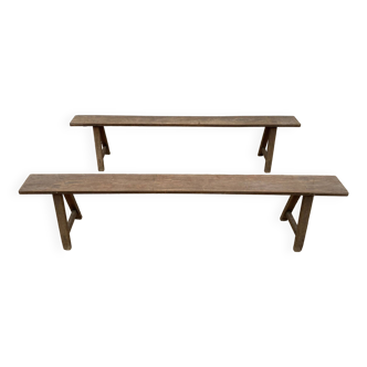 Pair of solid oak farm benches, circa 1900