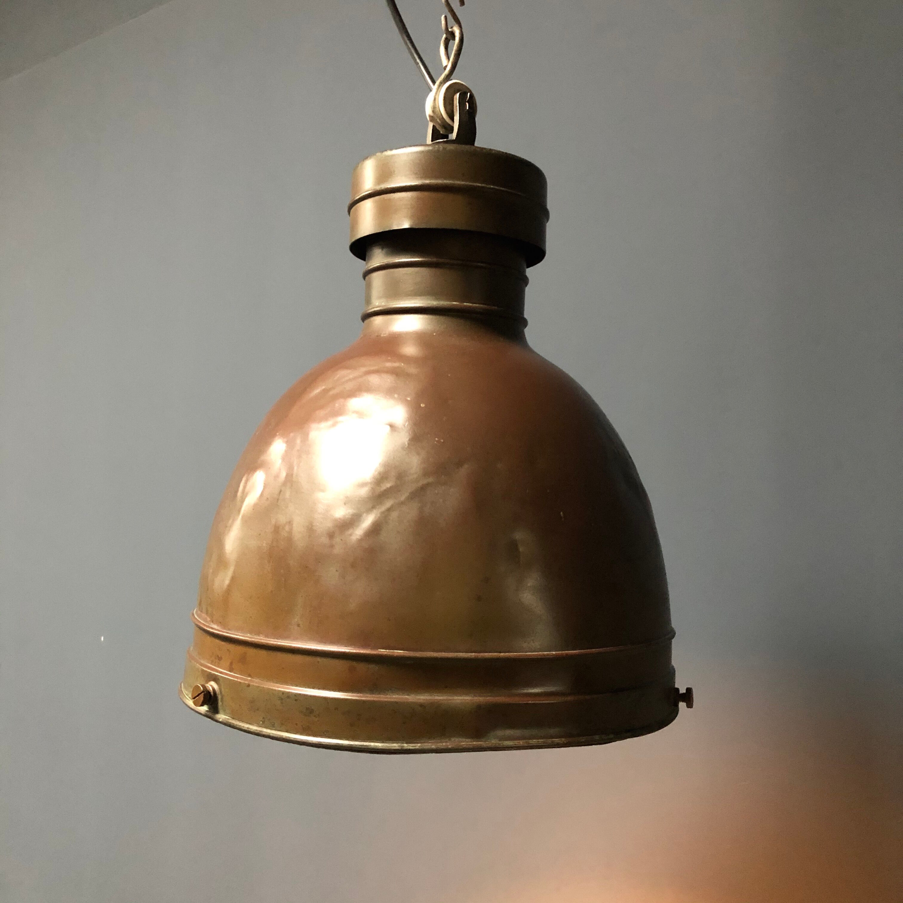 Old copper industrial church pendant light, Dutch 1930