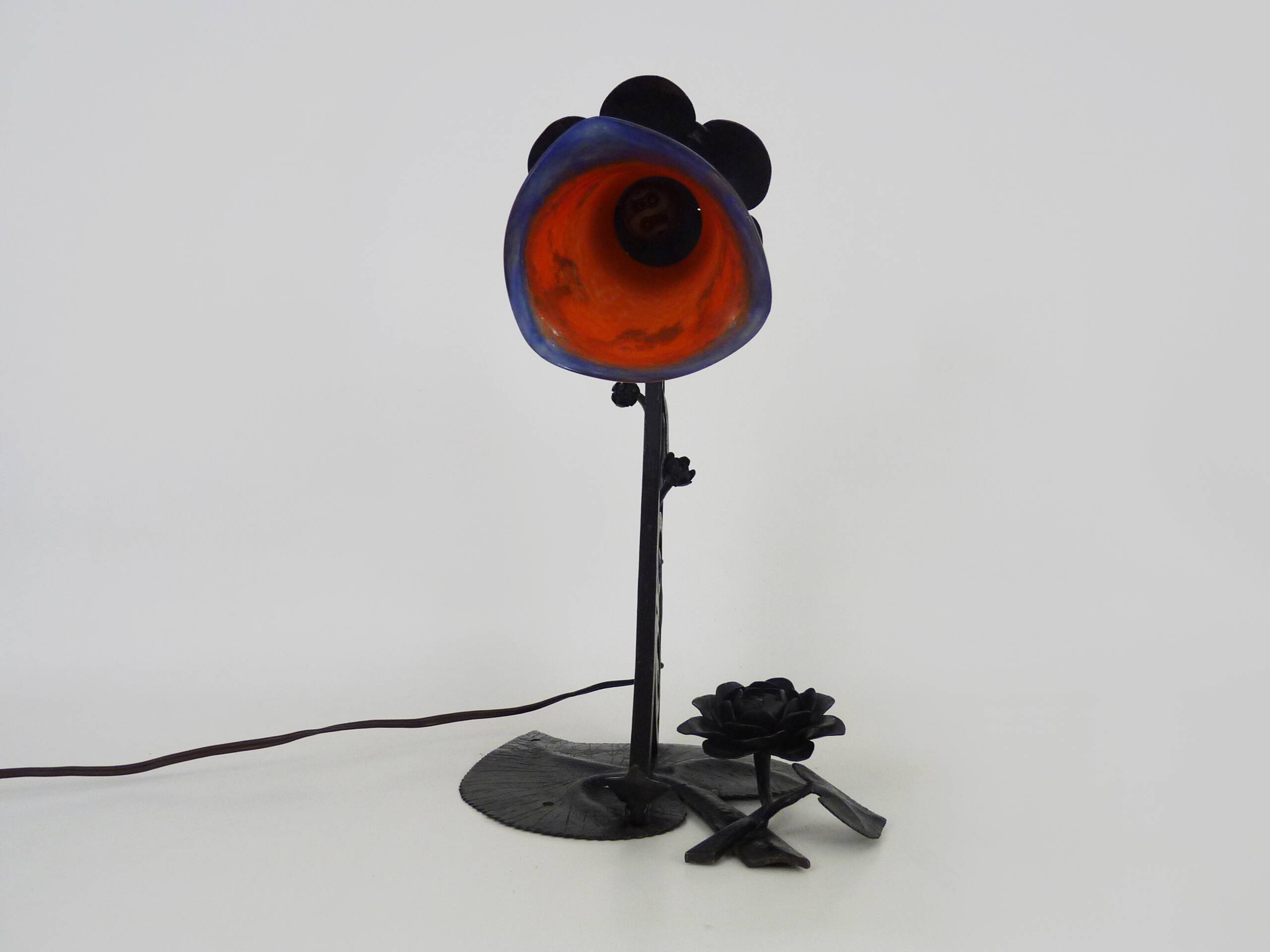 Art Deco Noverdy tulip lamp with black wrought iron base. 1930s