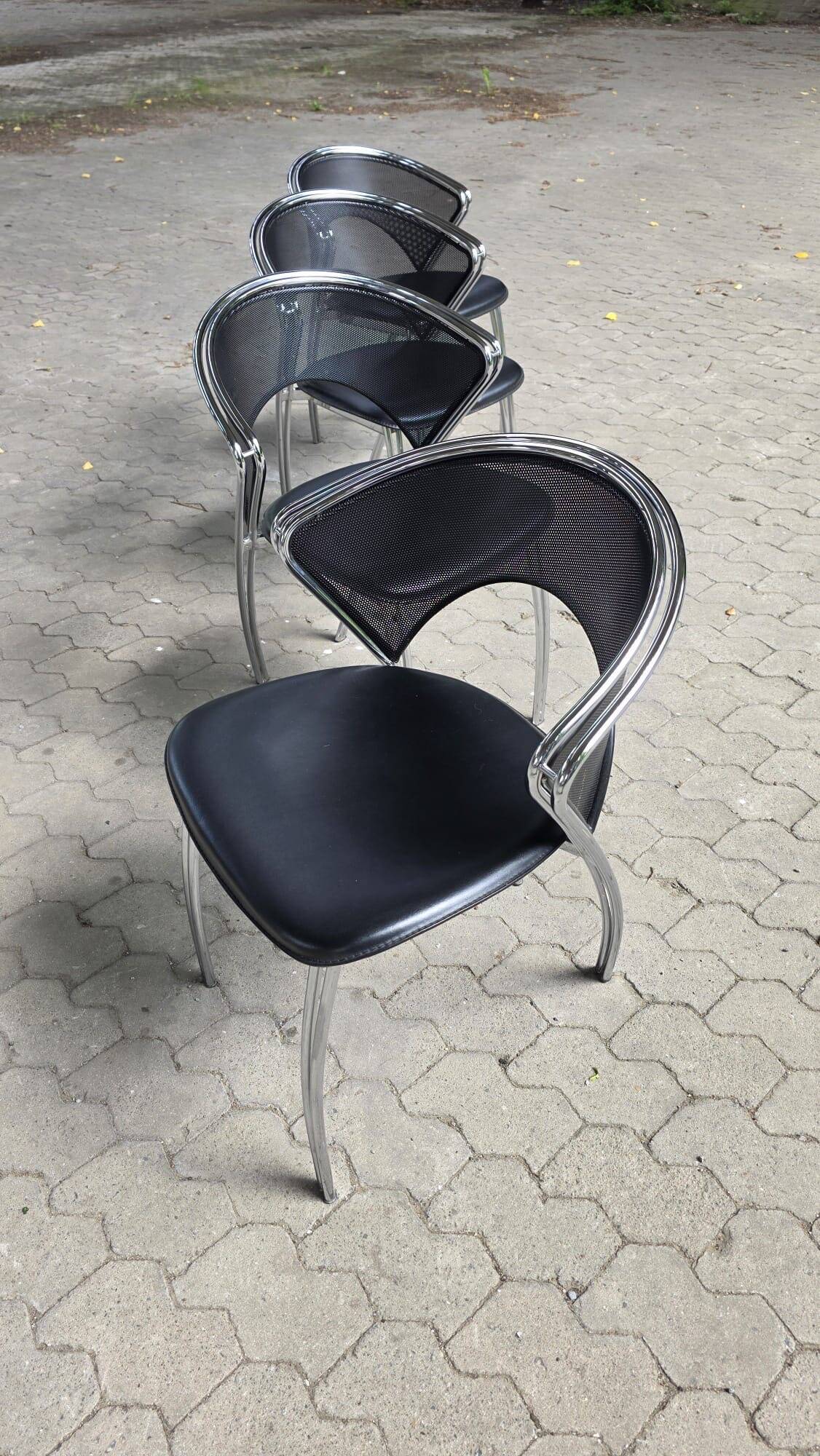 Set of 4 postmodern chairs with chrome and perforated mesh, Italy, 1980.