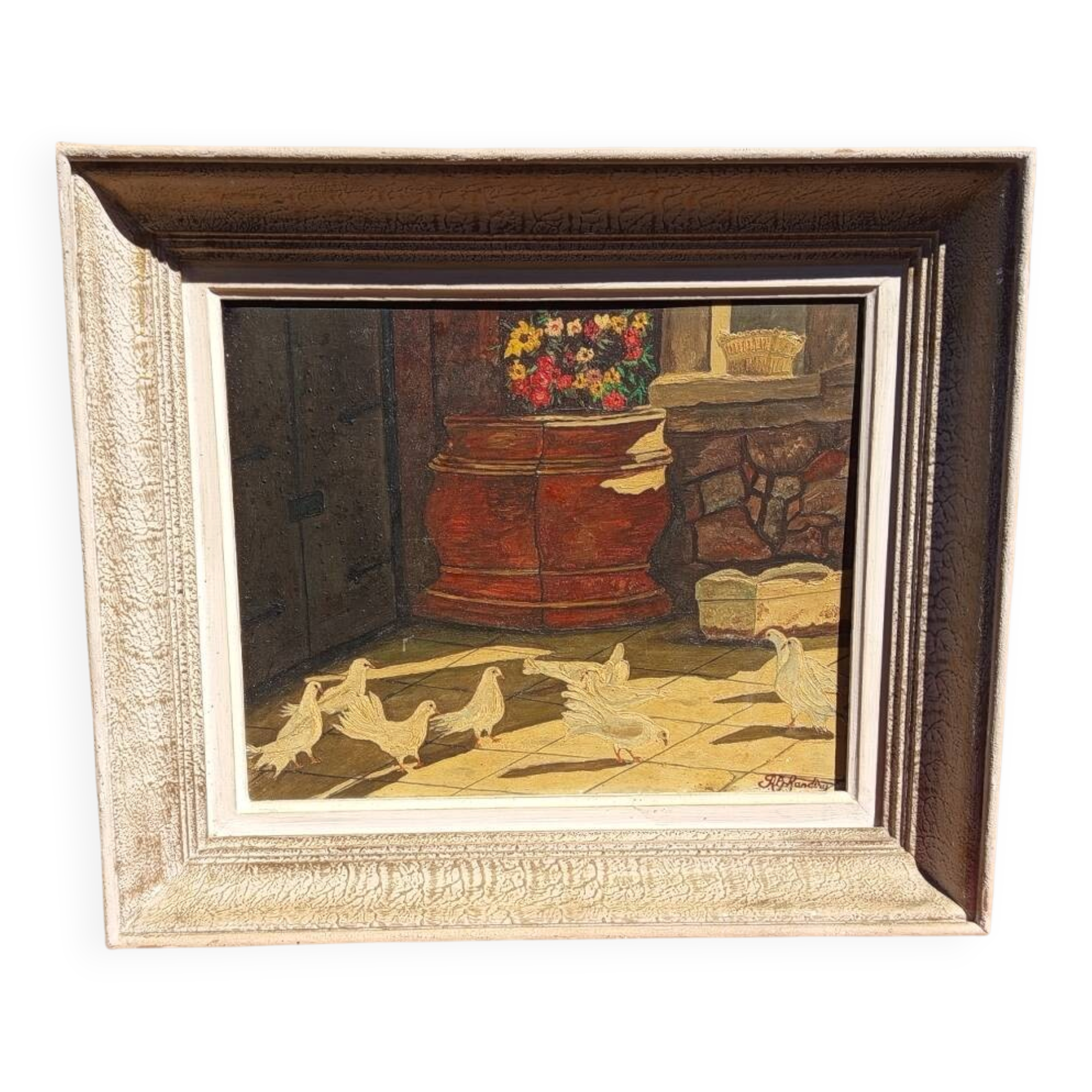 Signed Alphadery Painting – Doves in a Sunlit Courtyard, Antique Frame