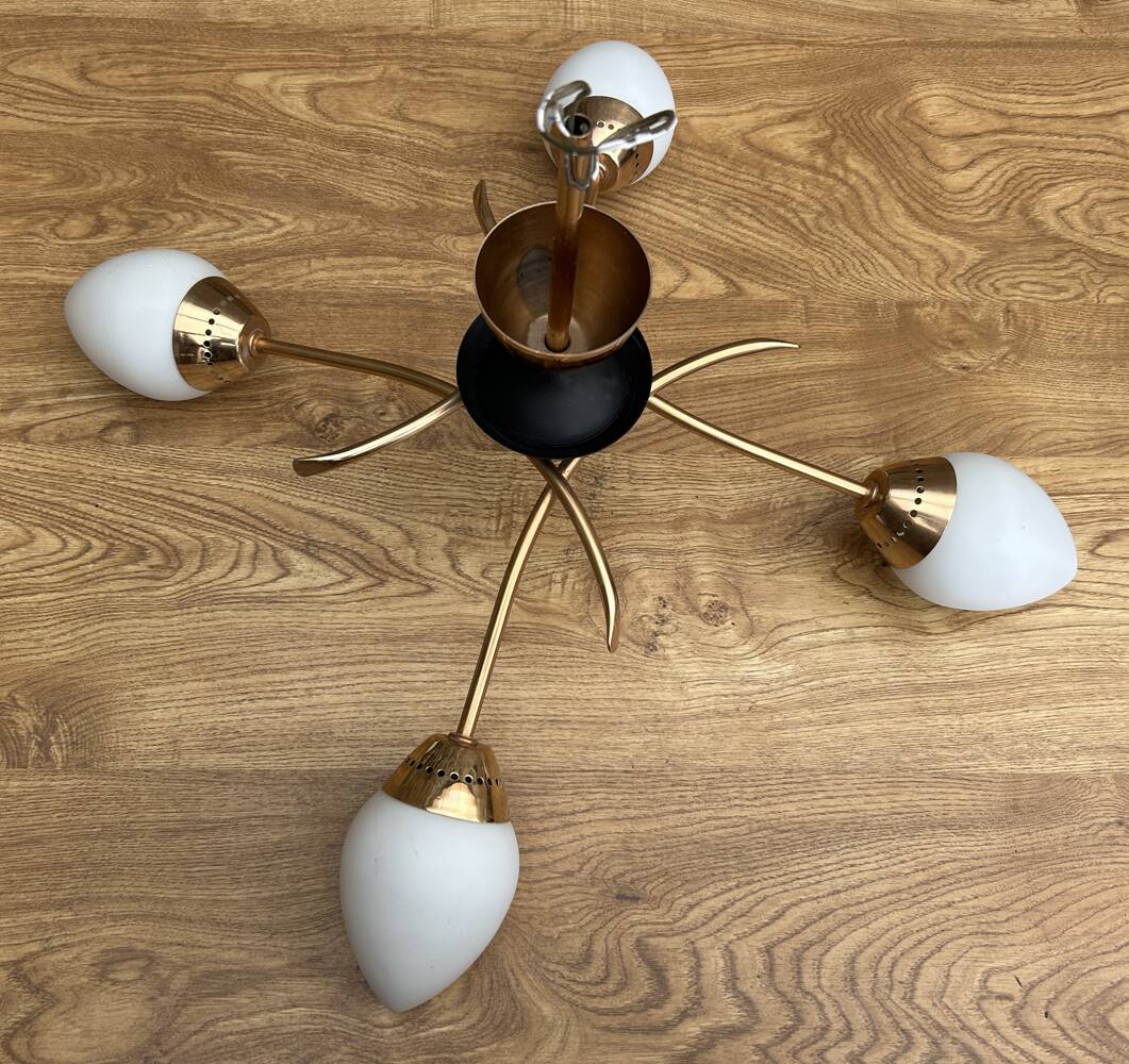Four-light pendant lamp, brass and opaline glass, Maison Arlus, Paris, vintage 1970s
