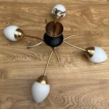 Four-light pendant lamp, brass and opaline glass, Maison Arlus, Paris, vintage 1970s