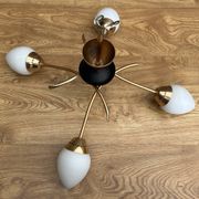 Four-light pendant lamp, brass and opaline glass, Maison Arlus, Paris, vintage 1970s