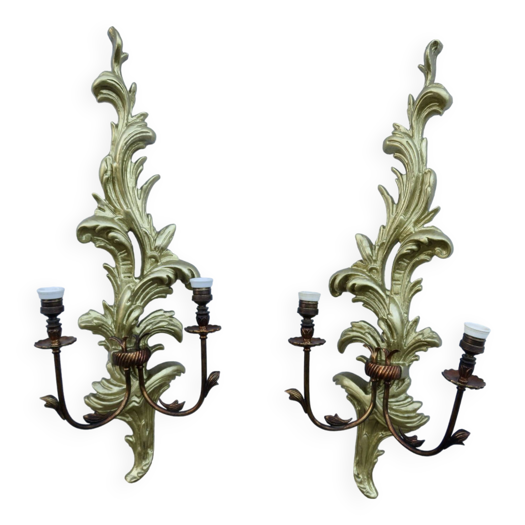 Pair of 86cm castle sconces in gilded wood from the 1940s