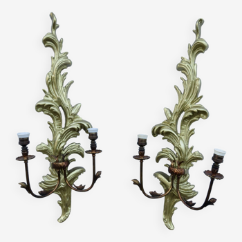Pair of 86cm castle sconces in gilded wood from the 1940s