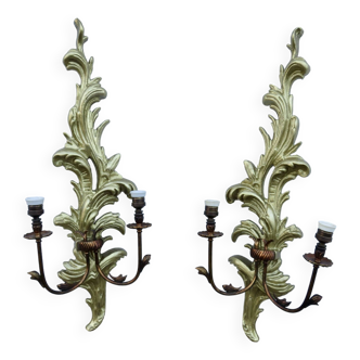 Pair of 86cm castle sconces in gilded wood from the 1940s