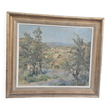 Armand Brugnaud - Oil on Panel Rousset Seen from the Lavender Fields