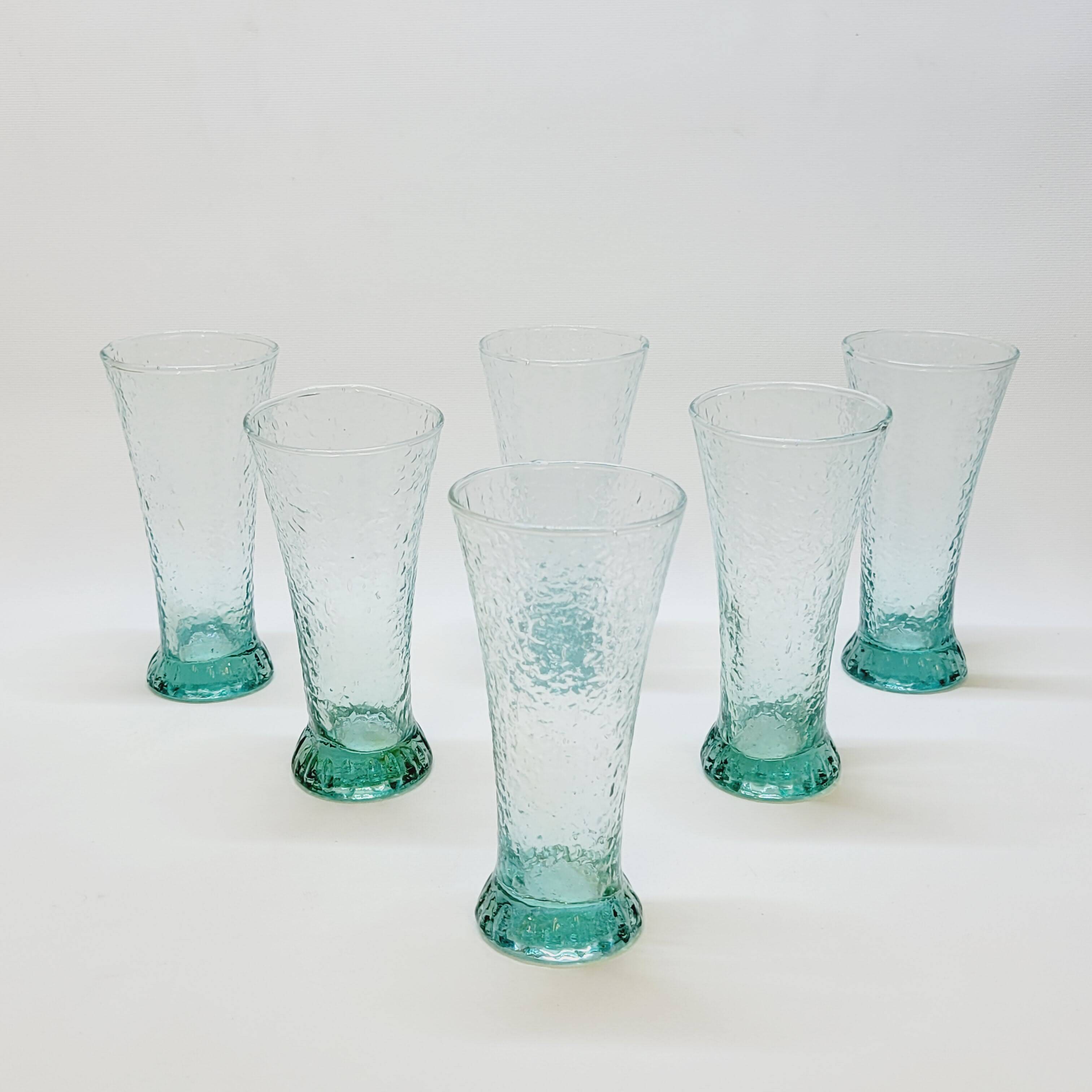 6 flared glasses in textured bubble blown blue glass pastis / orangeade / water