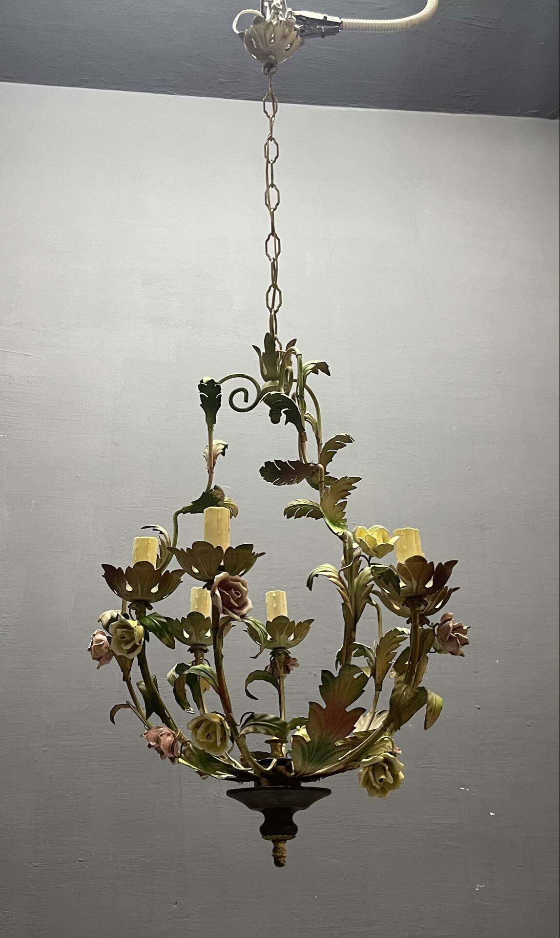 Tole Ceramic Flower Italian Chandelier 1960’s 