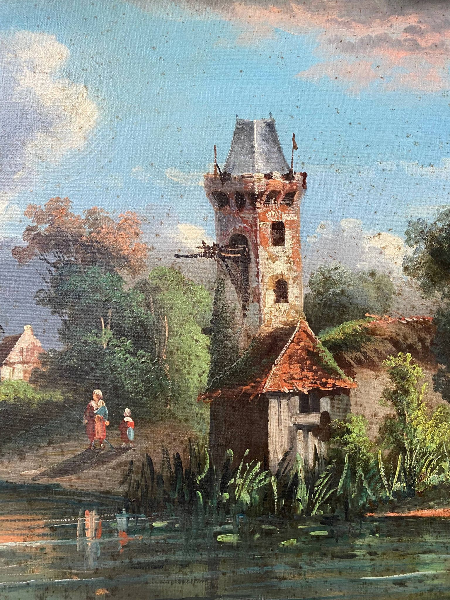 HST painting "Landscape with towns and fishermen" signed Texier + frame XIX°