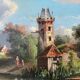 HST painting "Landscape with towns and fishermen" signed Texier + frame XIX°