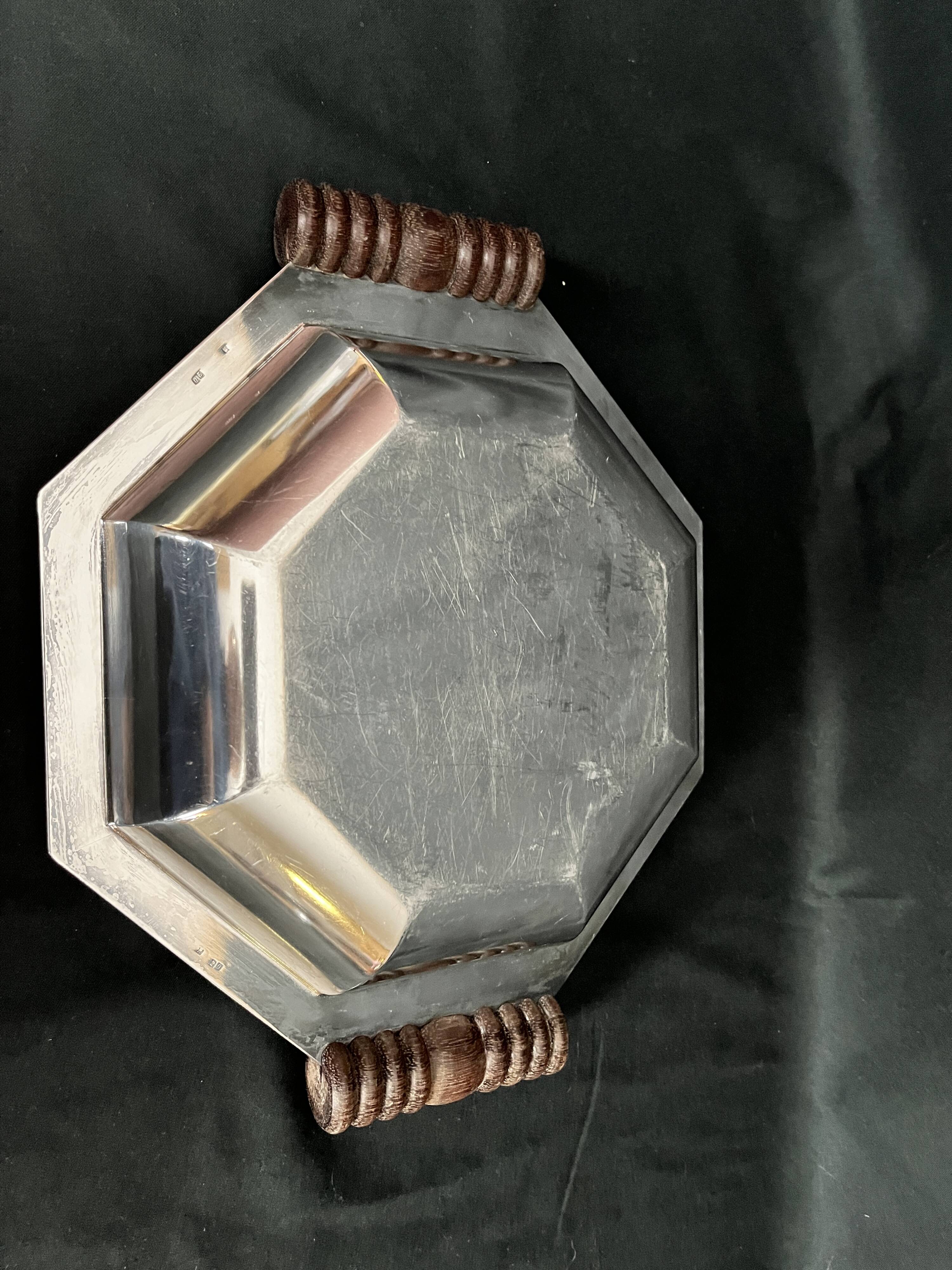 Art deco, Hexagonal cut silver metal socket wood 1930