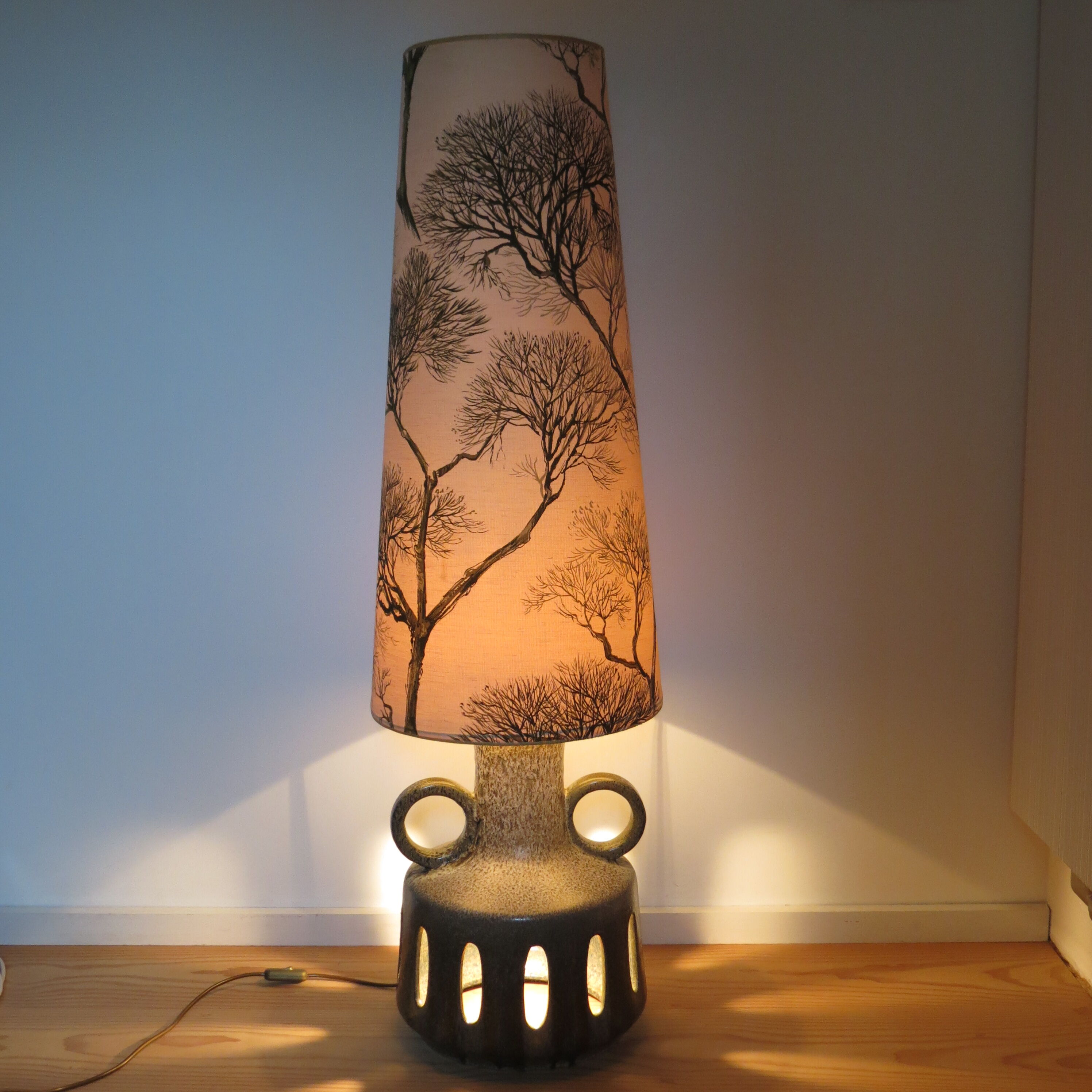 West german fat lava pottery twin bulb floor lamp 1970s