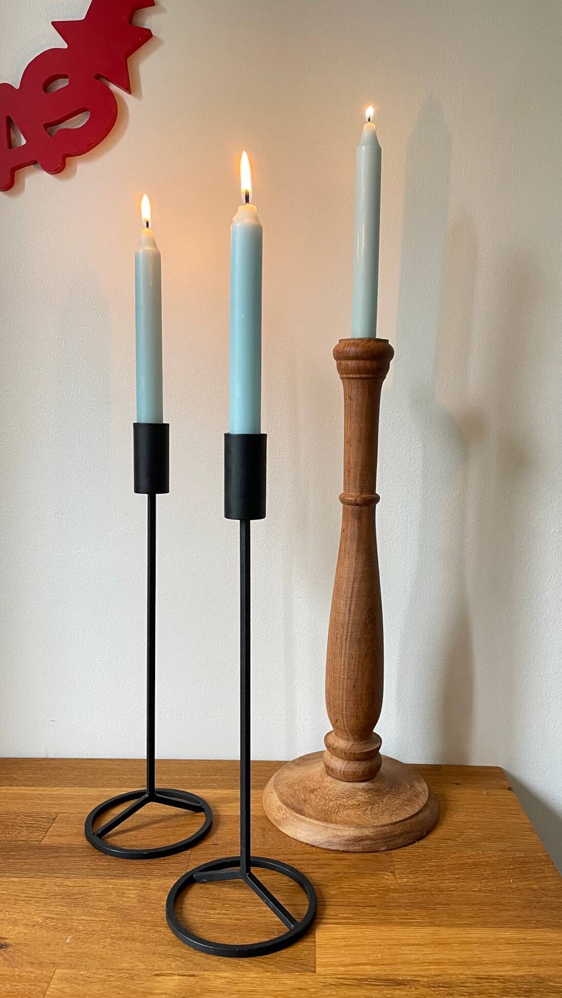 Trio of Vintage Teak and Steel Candlesticks