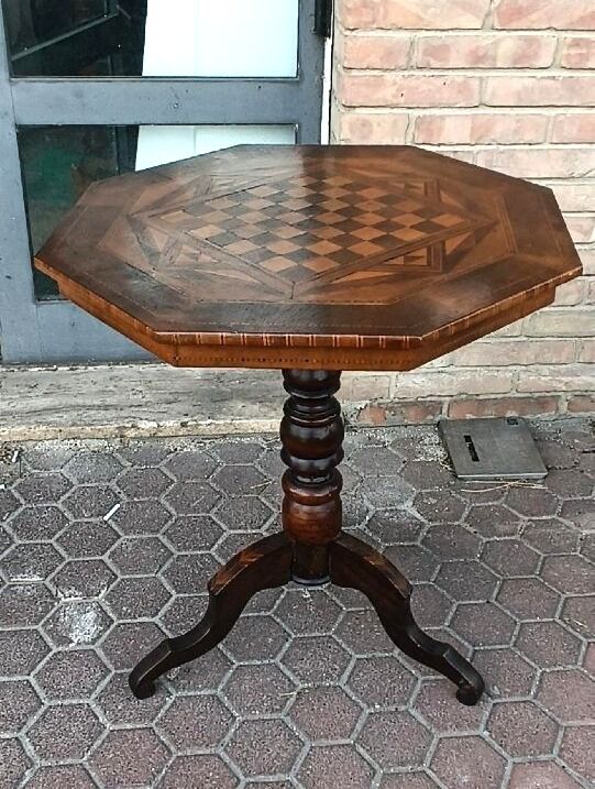 Table ancienne incrustée, jeu de dames, jeu d'échecs, Italie du XIXe siècle