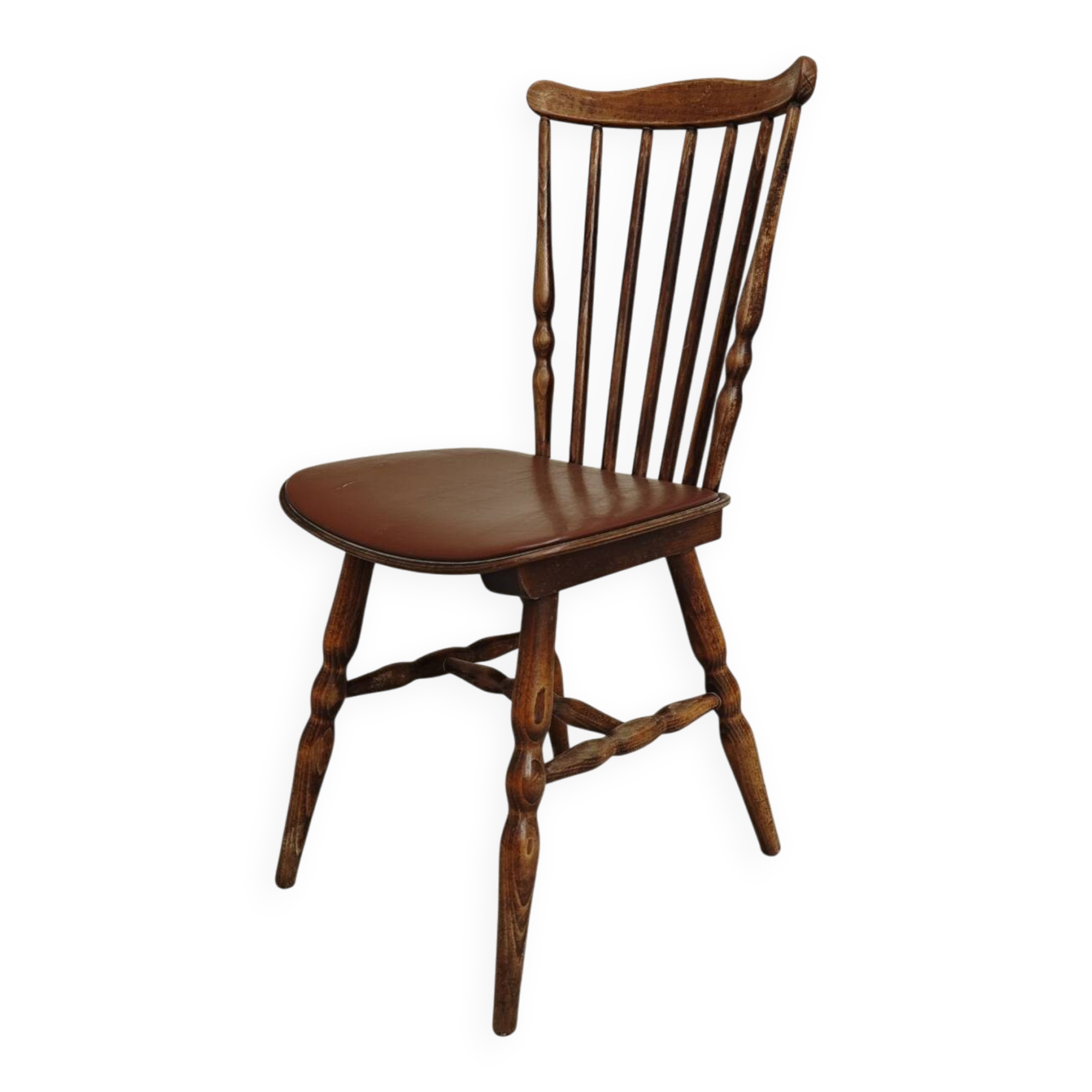 Baumann Tacoma bistro chair, wood and brown faux leather, 1960.
