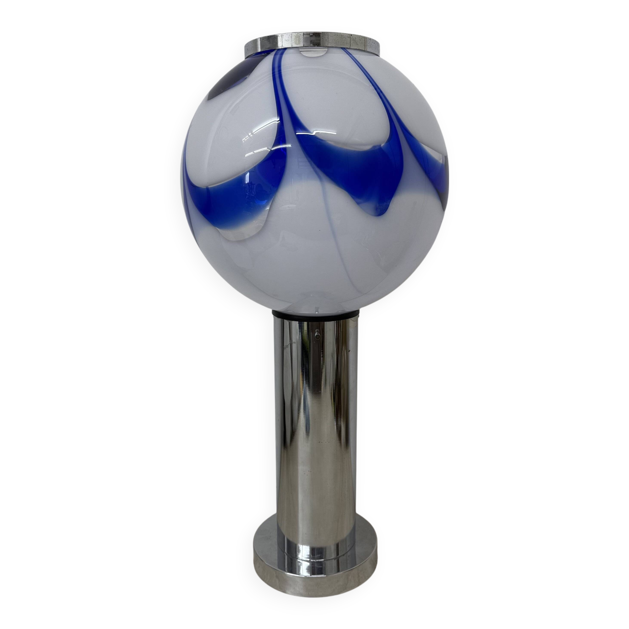 Mid – century Large glass table lamp with blue swirl , 1970s Italy