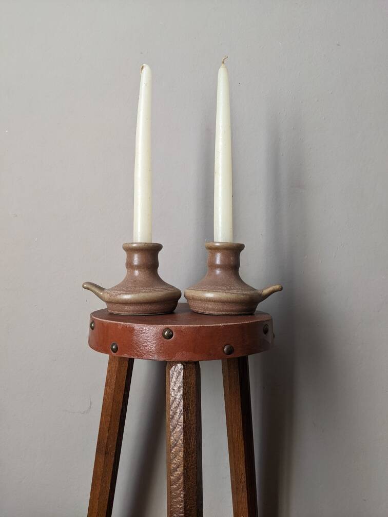 Pair of slow handcrafted stoneware candlesticks, bohemian country decor