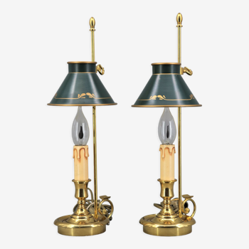 Paire de lampes bouillotte style empire bronze abat-jour conique Lucien Gau