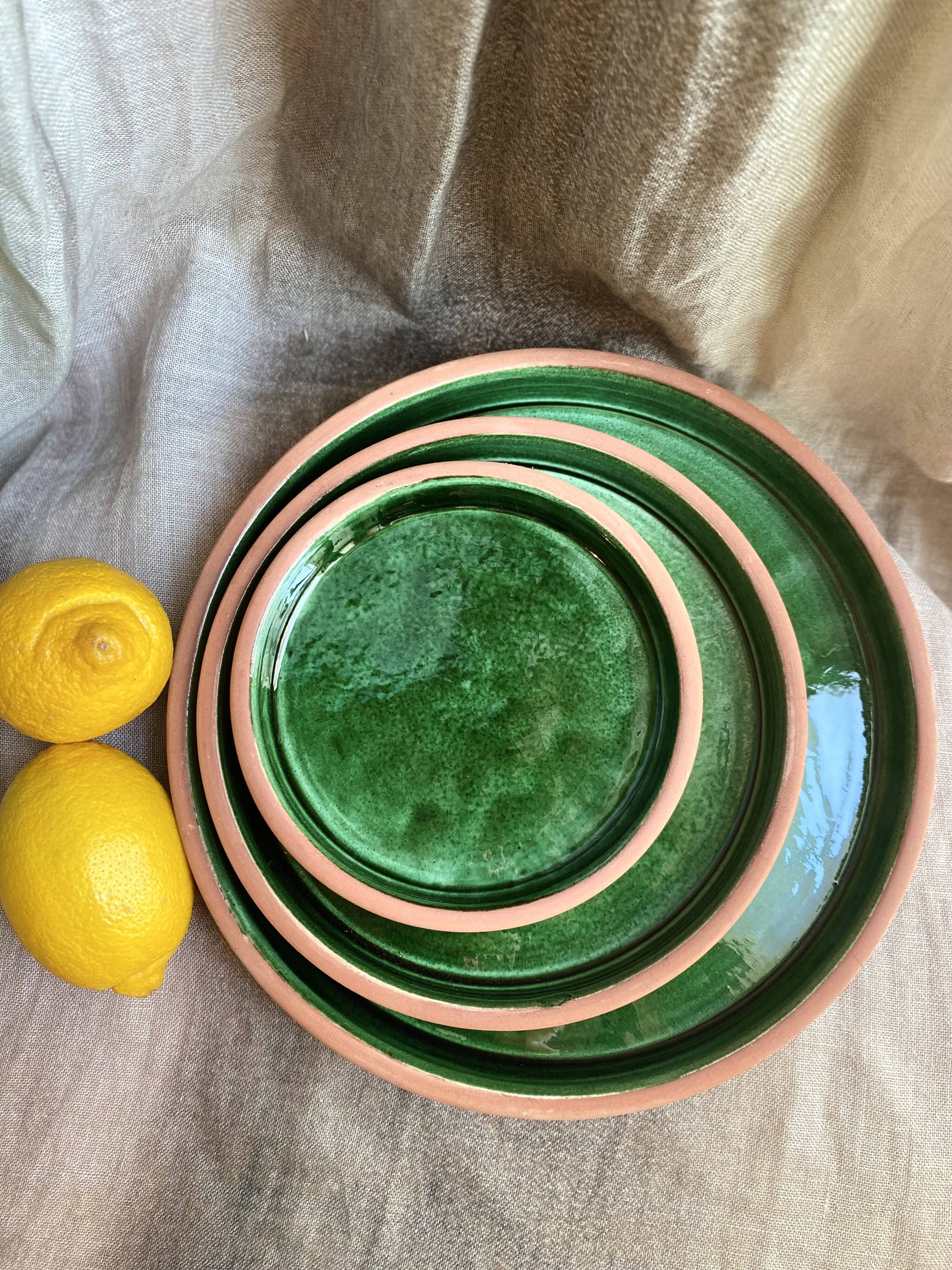 Lot 3 terracotta plates glazed in green