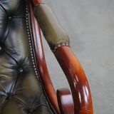 Green English-Style Cowhide Leather Chesterfield Armchair with Wood