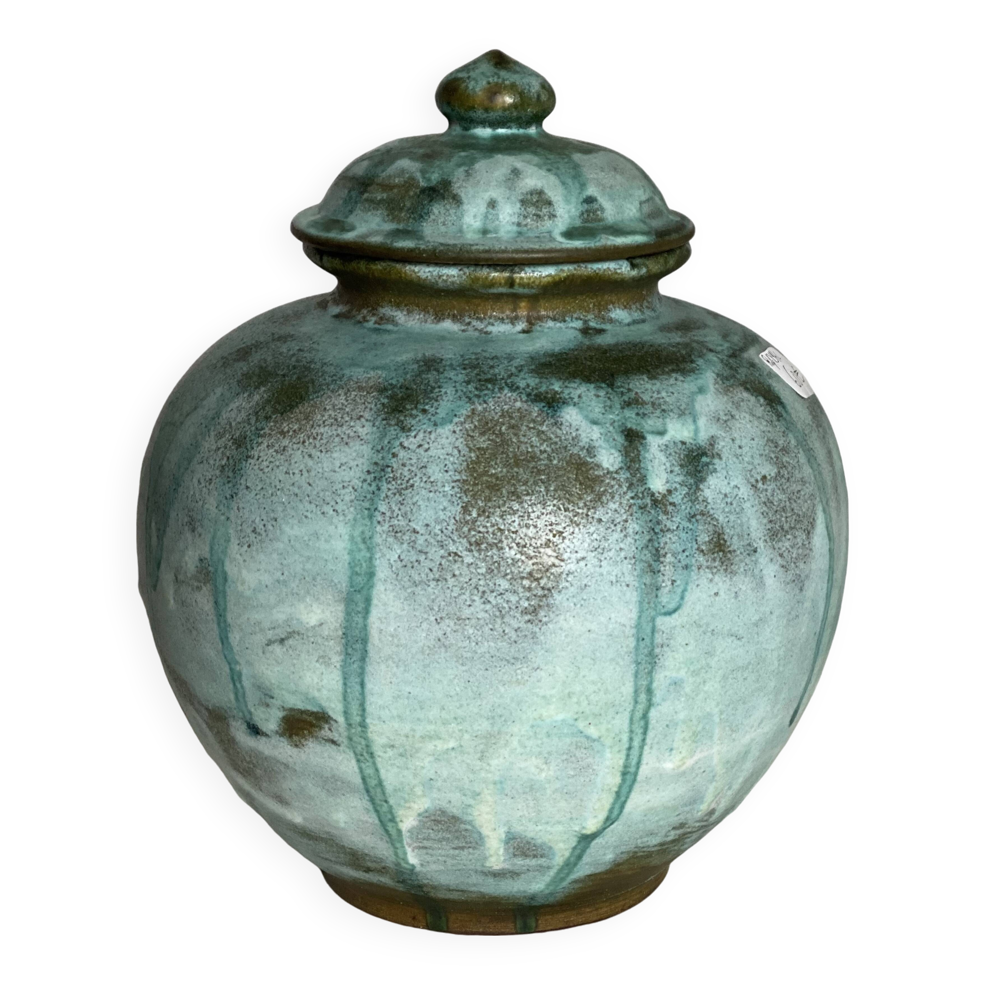 Vintage 1970s blue enameled stoneware ball pot with lid, signed Vallauris style