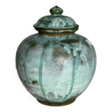 Pot boule à couvercle grés émaillé bleu vintage 1970 signé style Vallauris