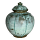 Vintage 1970s blue enameled stoneware ball pot with lid, signed Vallauris style