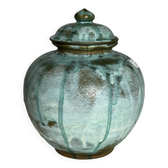Vintage 1970s blue enameled stoneware ball pot with lid, signed Vallauris style