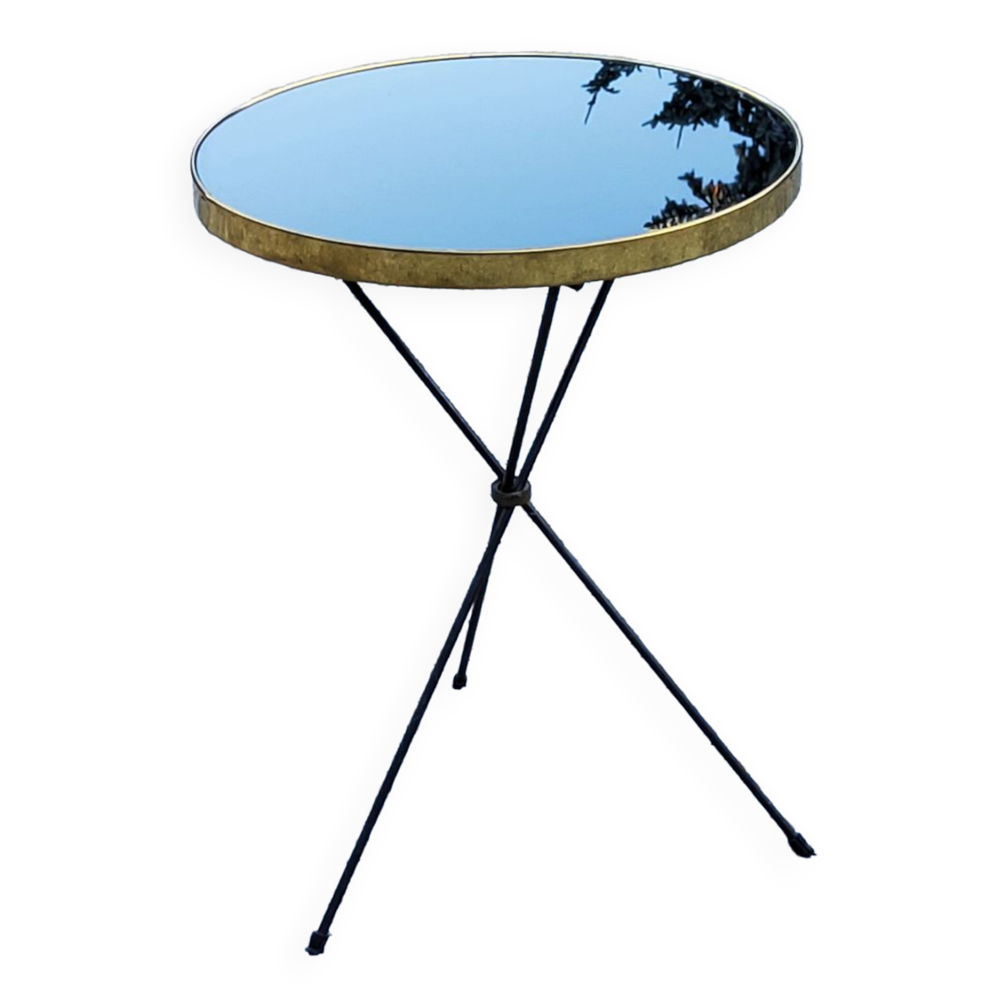 Table d’appoint des années 60 Table Whisky plateau en verre noir et métal doré piètement tripode en