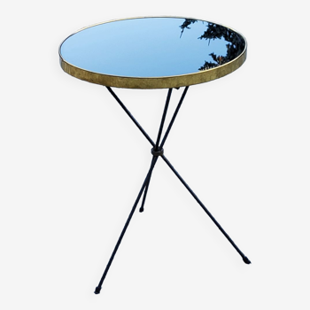 Side table from the 60s Whisky table top in black glass and gilded metal tripod base in