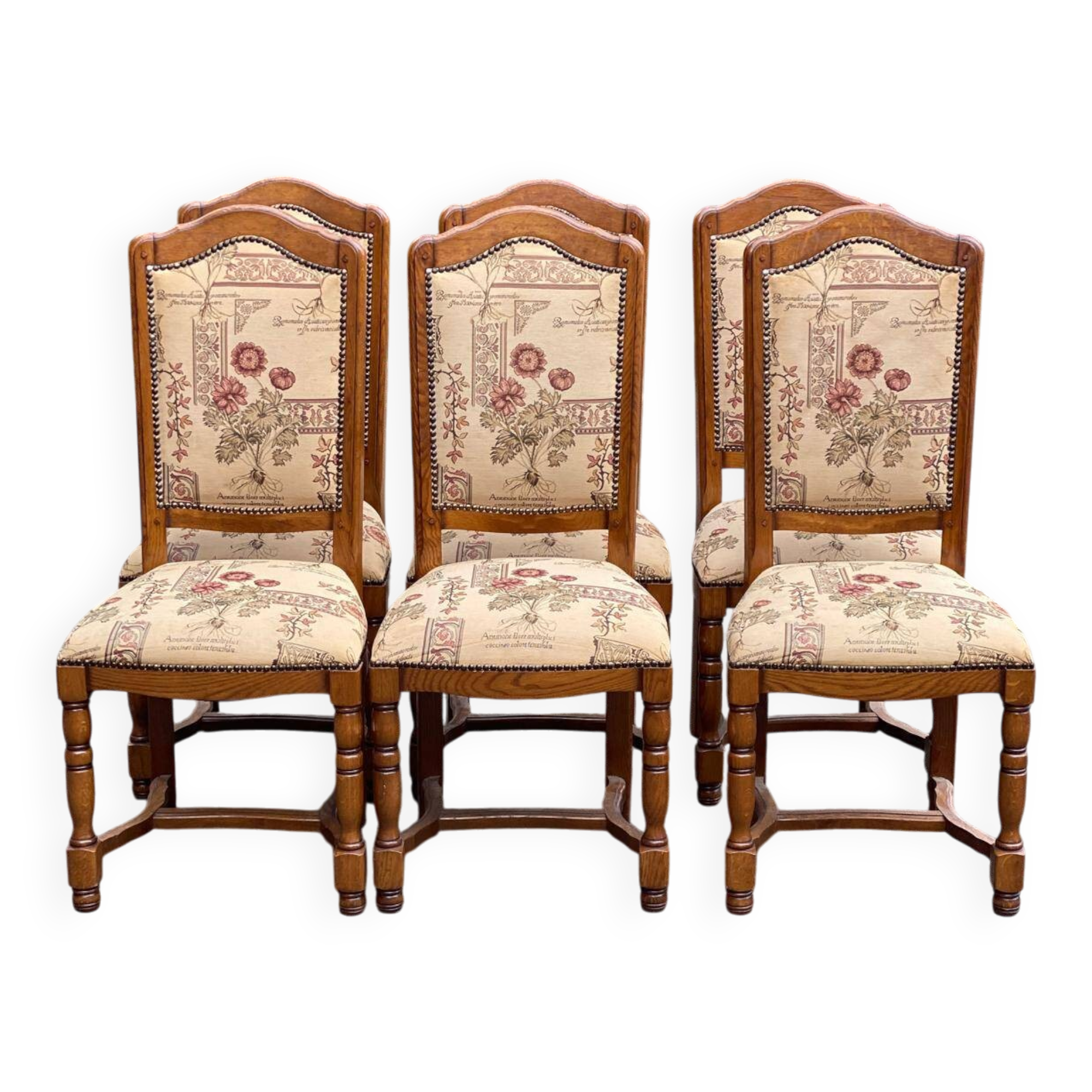 6 Louis XIII chairs in solid wood with floral fabric from the 20th century.