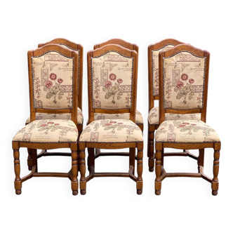 6 Louis XIII chairs in solid wood with floral fabric from the 20th century.