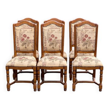 6 Louis XIII chairs in solid wood with floral fabric from the 20th century.