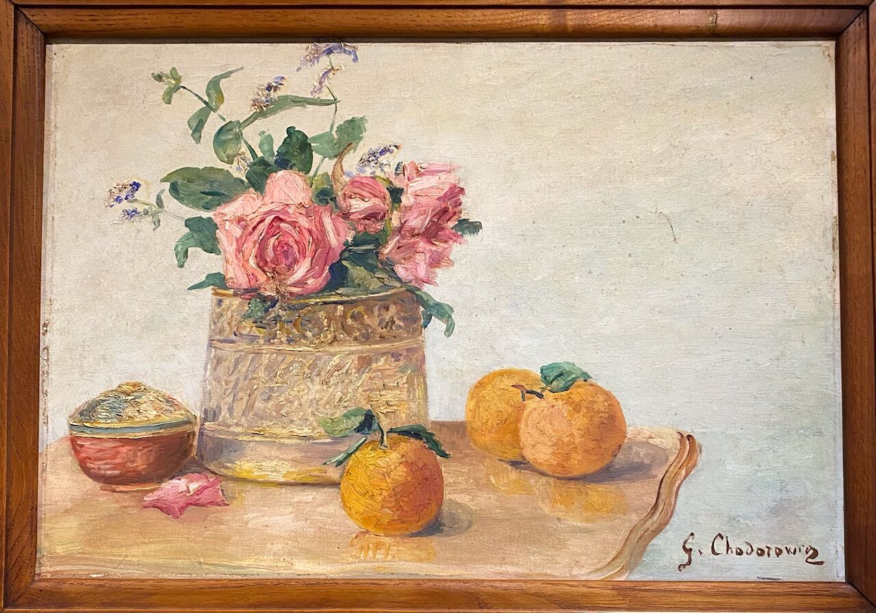 Old painting, still life with roses and oranges, signed circa 1950.
