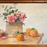 Old painting, still life with roses and oranges, signed circa 1950.