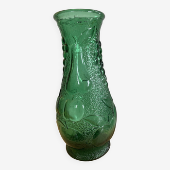 Vase vintage en verre vert année 1950 Bambicho Marseille décor fruits