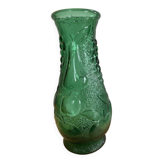 Vase vintage en verre vert année 1950 Bambicho Marseille décor fruits