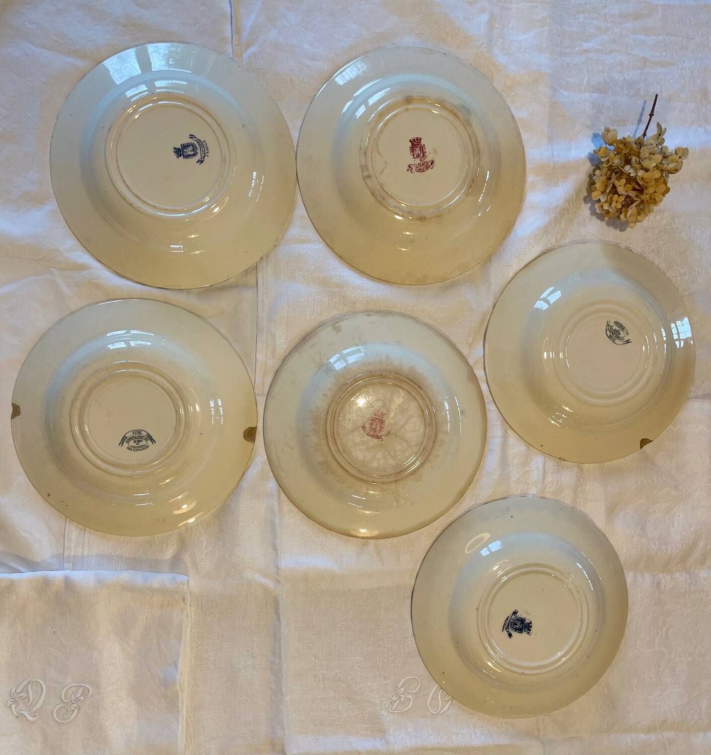 6 Mismatched Terre de Fer Hollow Plates Gien Late 19th Early 20th