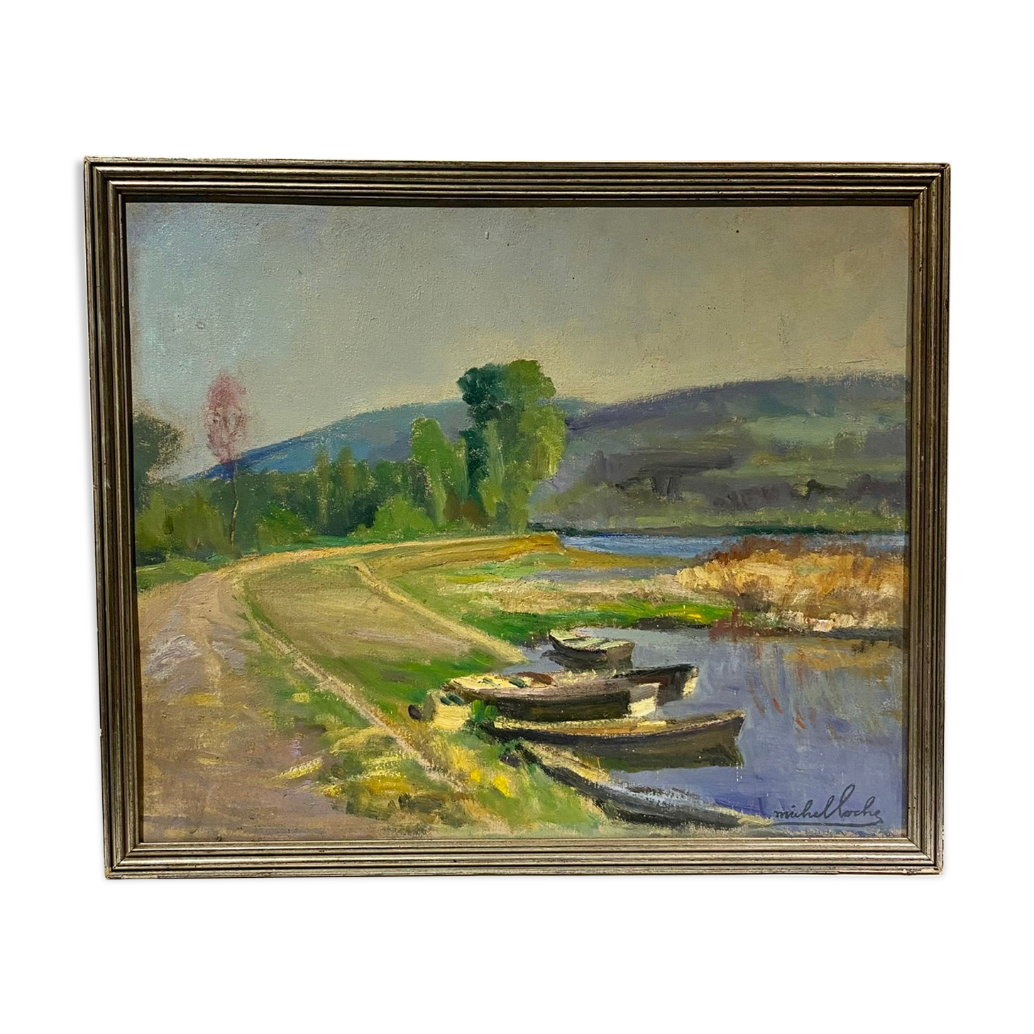 Old painting, landscape on the edge of a pond, Signed Michel Loche (1897;1976)