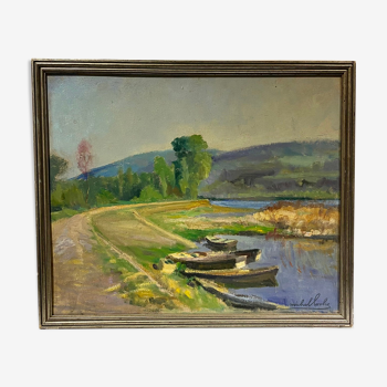 Tableau ancien, paysage bord d’un étang, Signé Michel Loche ( 1897;1976)
