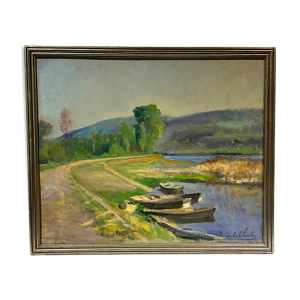 Tableau ancien, paysage bord d’un